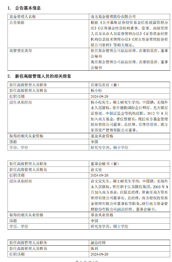 南方基金完成高管团队换届:常克川、朱运东、史博卸任 新任陈莉、李海鹏、孙鲁闽、侯利鹏、茅炜为副总经理