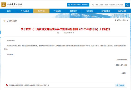 上海黄金交易所发布《上海黄金交易所国际会员管理实施细则（2025年修订版）》。