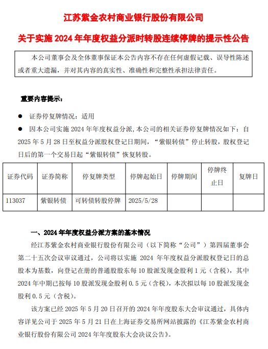 紫金银行：紫银转债自2025年5月28日起停止转股
