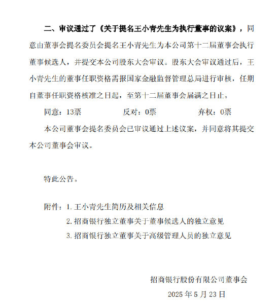 招商银行：王小青获提名执行董事