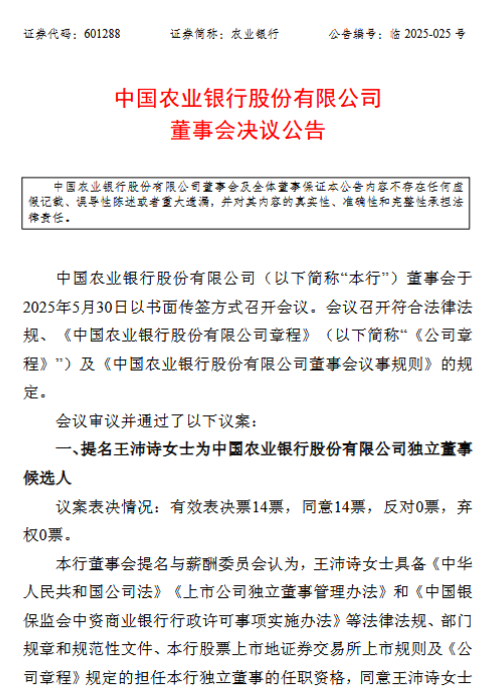 农业银行：提名王沛诗为独立董事候选人